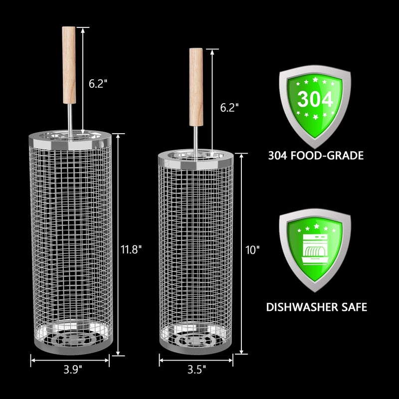 Bmavysa Rolling Grill Basket 2-Pack, Premium 304 Stainless Steel, Removable Wooden Handles, Upgrade Rolling Grill Baskets for Outdoor Grill, BBQ Grill Accessories for Camping/Backyard Cooking, Ideal Gift for Dad/Husband - Image 2